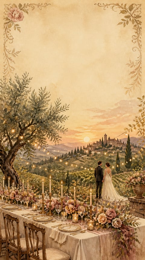 Amore di Toscana: illustrerat långbord med rosor och levande ljus bland Toscanas kullar, där ett brudpar står under ett olivträd