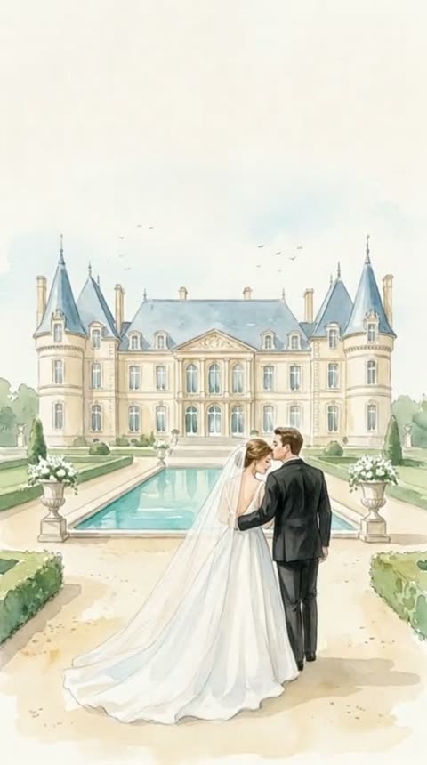 Eternal Romance: akvarell av ett brudpar som kysser varandra framför ett franskt slott med en spegeldamm