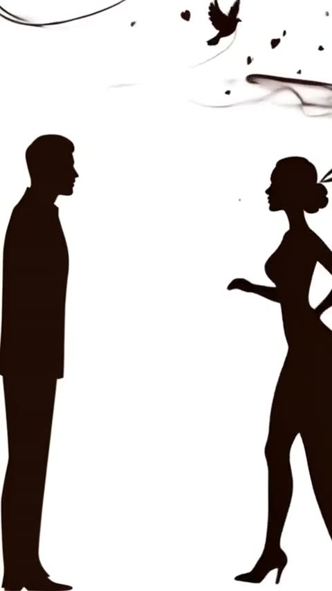 The Silhouette: mörka siluetter av en man och en kvinna mot vit bakgrund, som klippta i papper, med en duva i hörnet