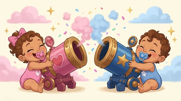 Illustration ur Tiny Surprise: två tecknade bebisar i rosa och blått med var sin kanon som skjuter rosa och blå rök och konfetti